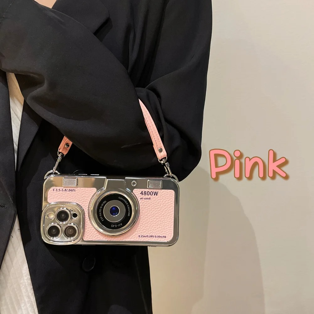 Luxury iPhone Retro Camera Case Emily in Paris Edition — PU Leather Sling Cover with Bracelet Strap, Stylish Pictorial Design, Shockproof Protective Finish