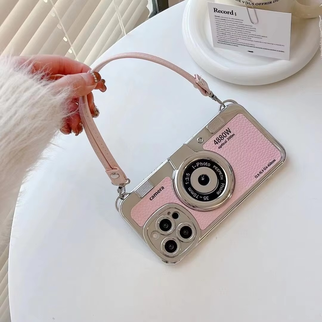 Luxury iPhone Retro Camera Case Emily in Paris Edition — PU Leather Sling Cover with Bracelet Strap, Stylish Pictorial Design, Shockproof Protective Finish