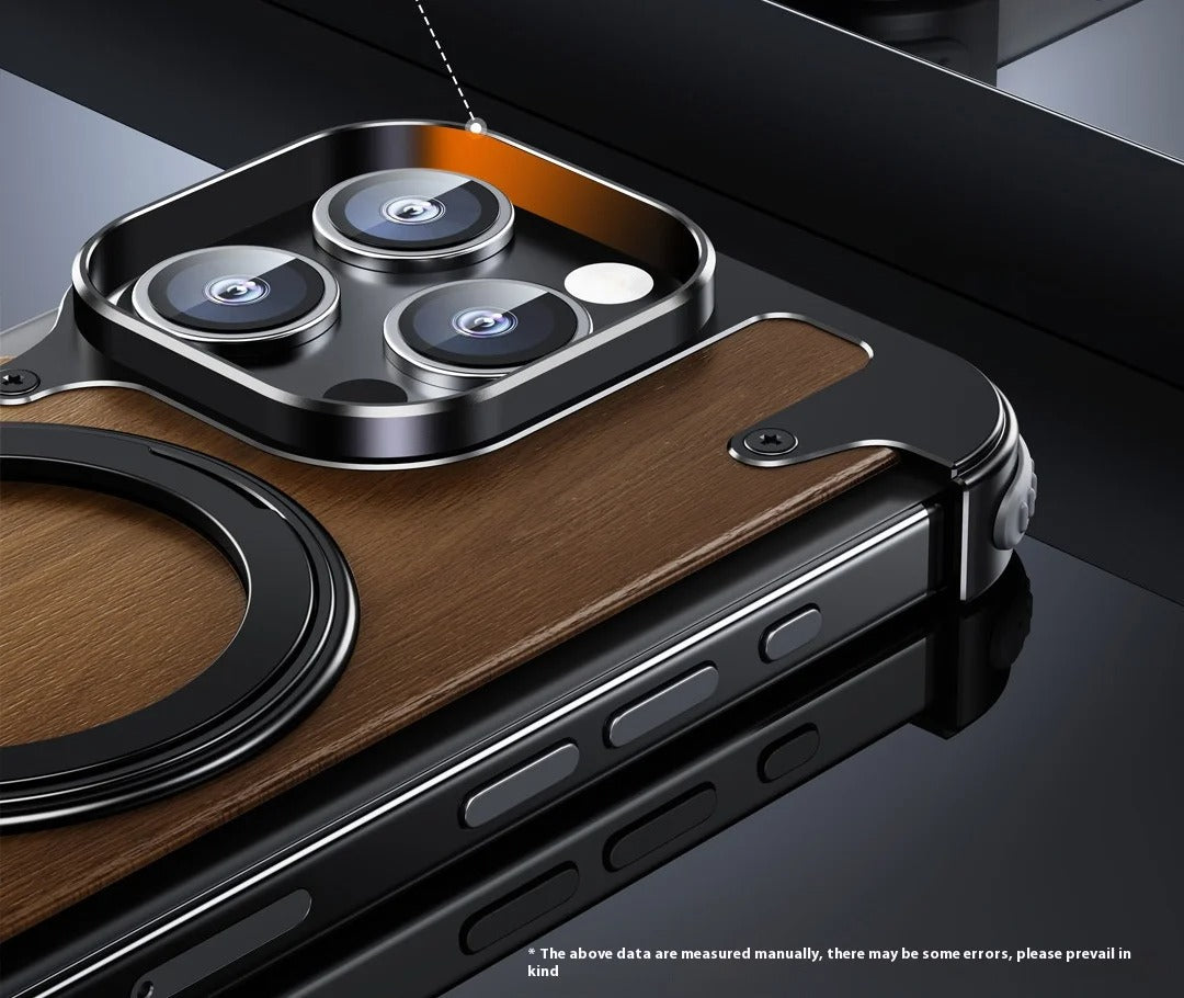 Luxury iPhone Solid Wood MagSafe Case — 360° Rotatable Stand Ring, Aluminum Alloy Bumper, Slim Shockproof Non-Slip Protective Cover