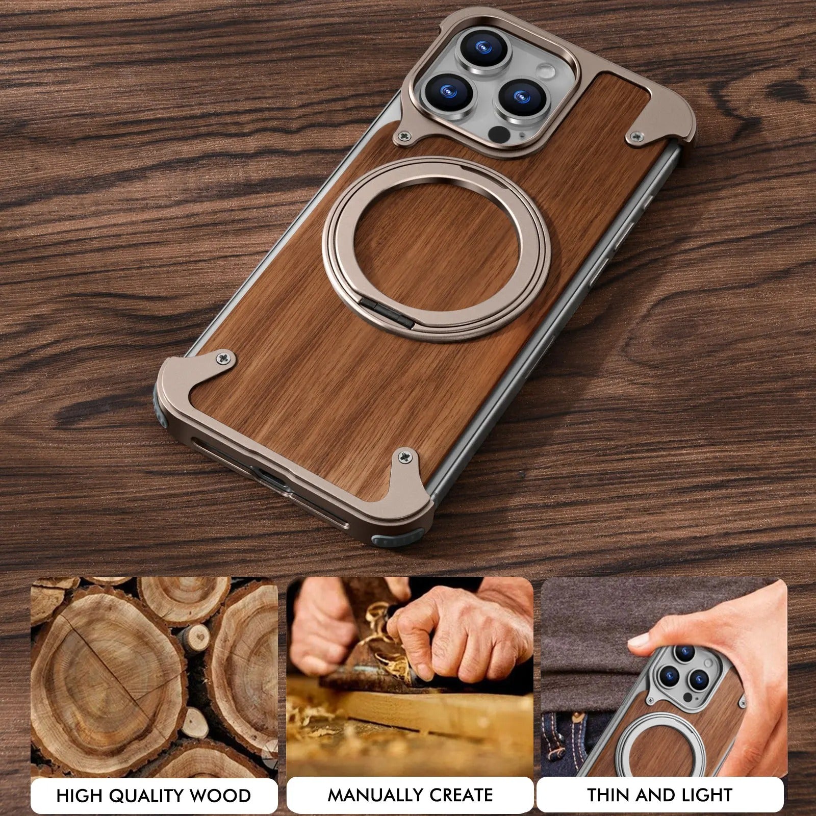 Luxury iPhone Solid Wood MagSafe Case — 360° Rotatable Stand Ring, Aluminum Alloy Bumper, Slim Shockproof Non-Slip Protective Cover