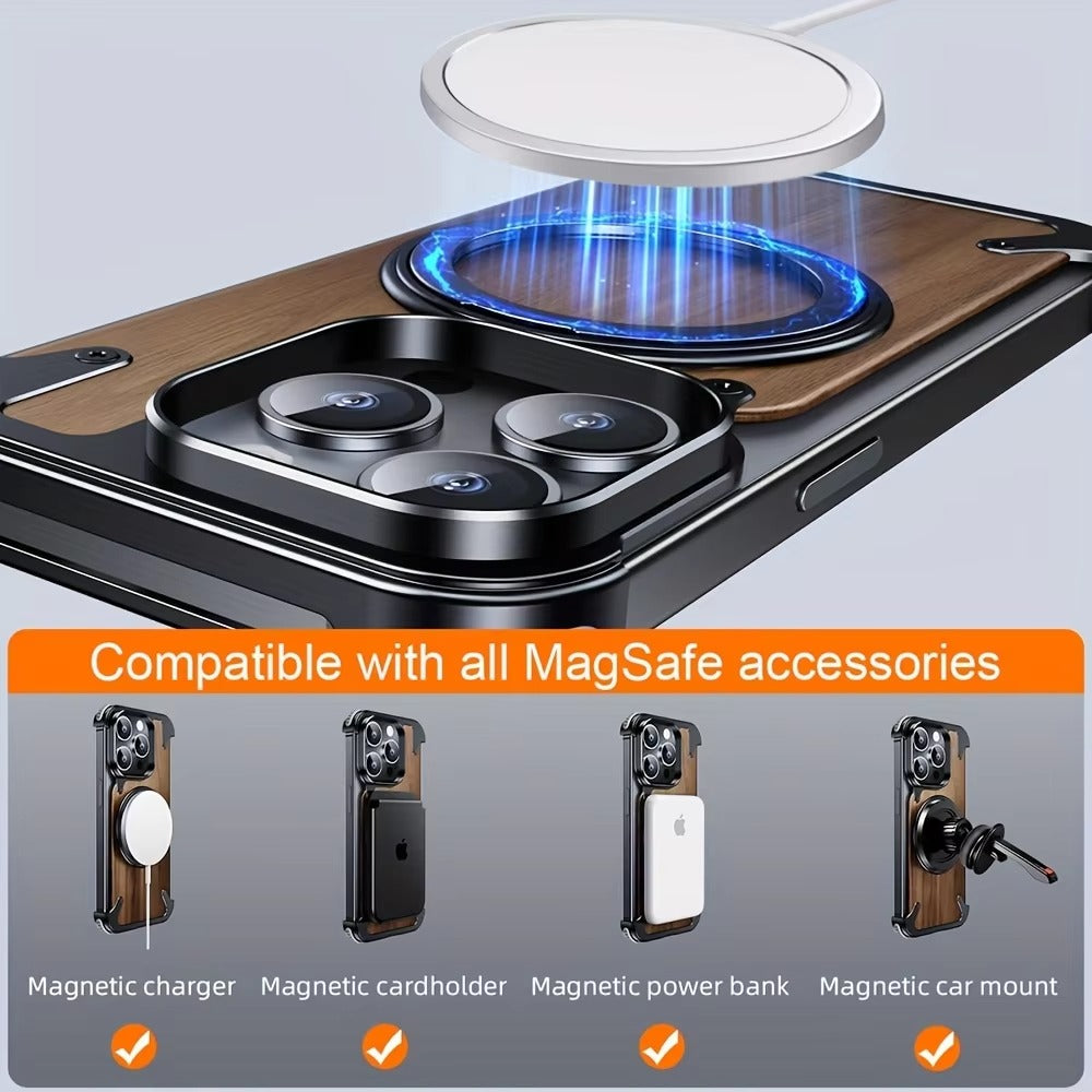 Luxury iPhone Solid Wood MagSafe Case — 360° Rotatable Stand Ring, Aluminum Alloy Bumper, Slim Shockproof Non-Slip Protective Cover