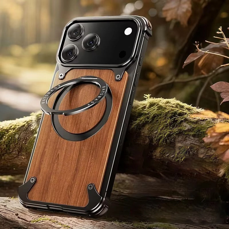 Luxury iPhone Solid Wood MagSafe Case — 360° Rotatable Stand Ring, Aluminum Alloy Bumper, Slim Shockproof Non-Slip Protective Cover