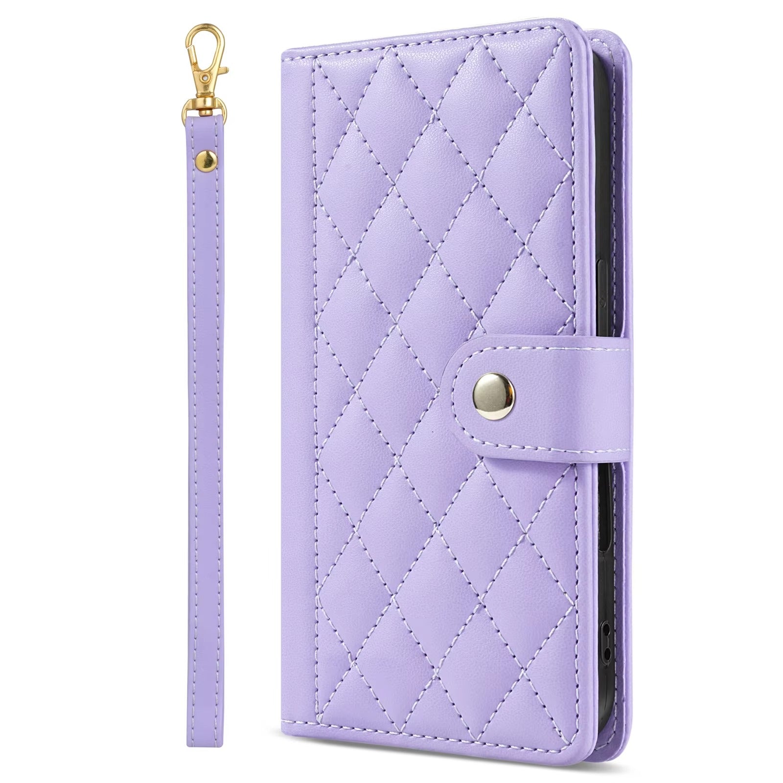 Luxury iPhone Wallet Case 3D Grid Leather Flip Cover — Card Holder Slots, Magnetic Closure, Wrist Strap, Kickstand Function, Shockproof Anti-Fingerprint Design