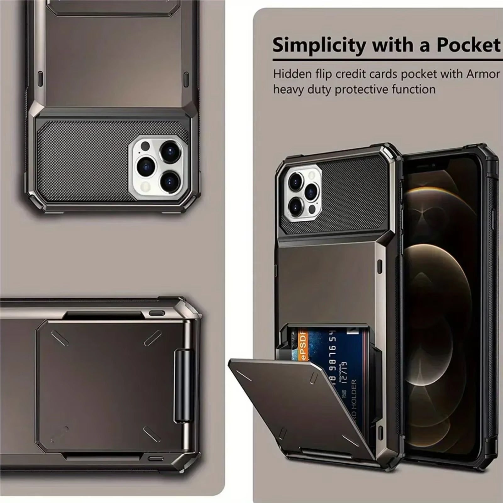 Luxury iPhone Wallet Case with 5-Card Slot — Hidden Flip Door Card Holder, Dual Layer Shockproof Armor, Raised Screen Lip, Scratch-Resistant Protective Cover