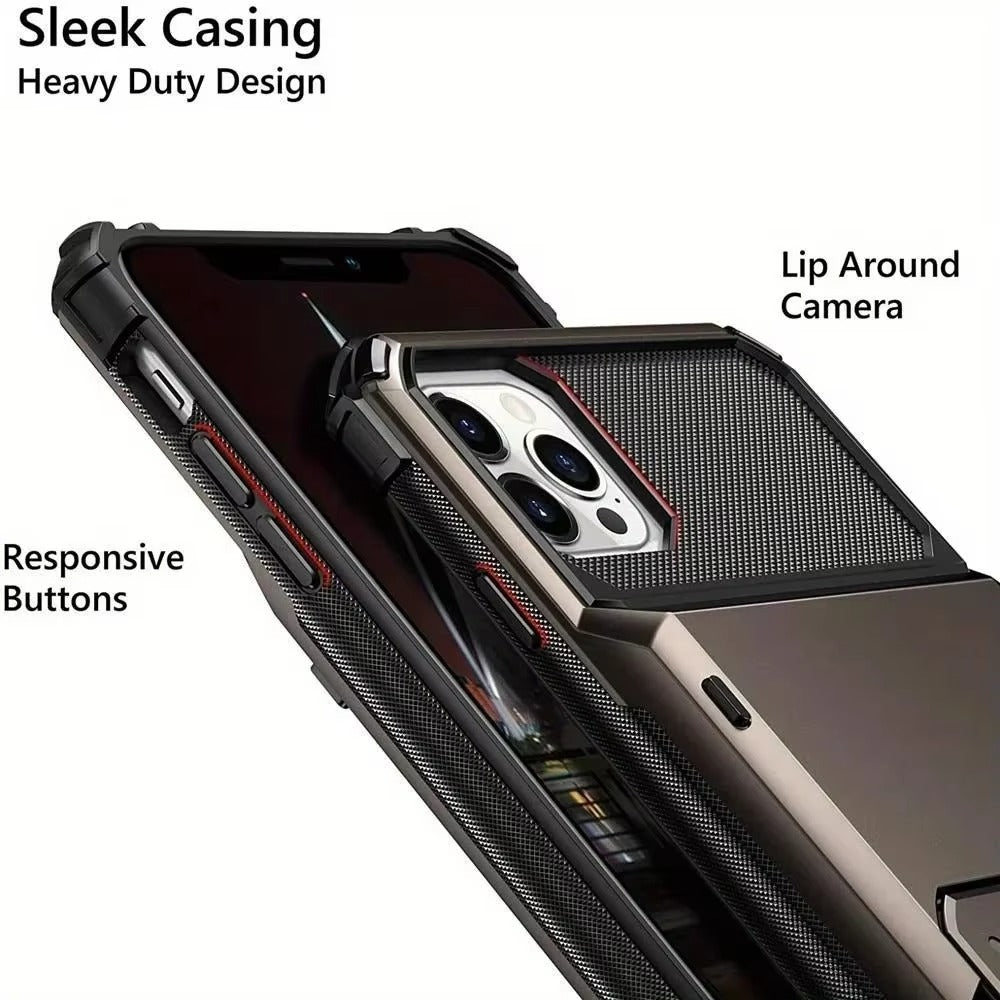 Luxury iPhone Wallet Case with 5-Card Slot — Hidden Flip Door Card Holder, Dual Layer Shockproof Armor, Raised Screen Lip, Scratch-Resistant Protective Cover