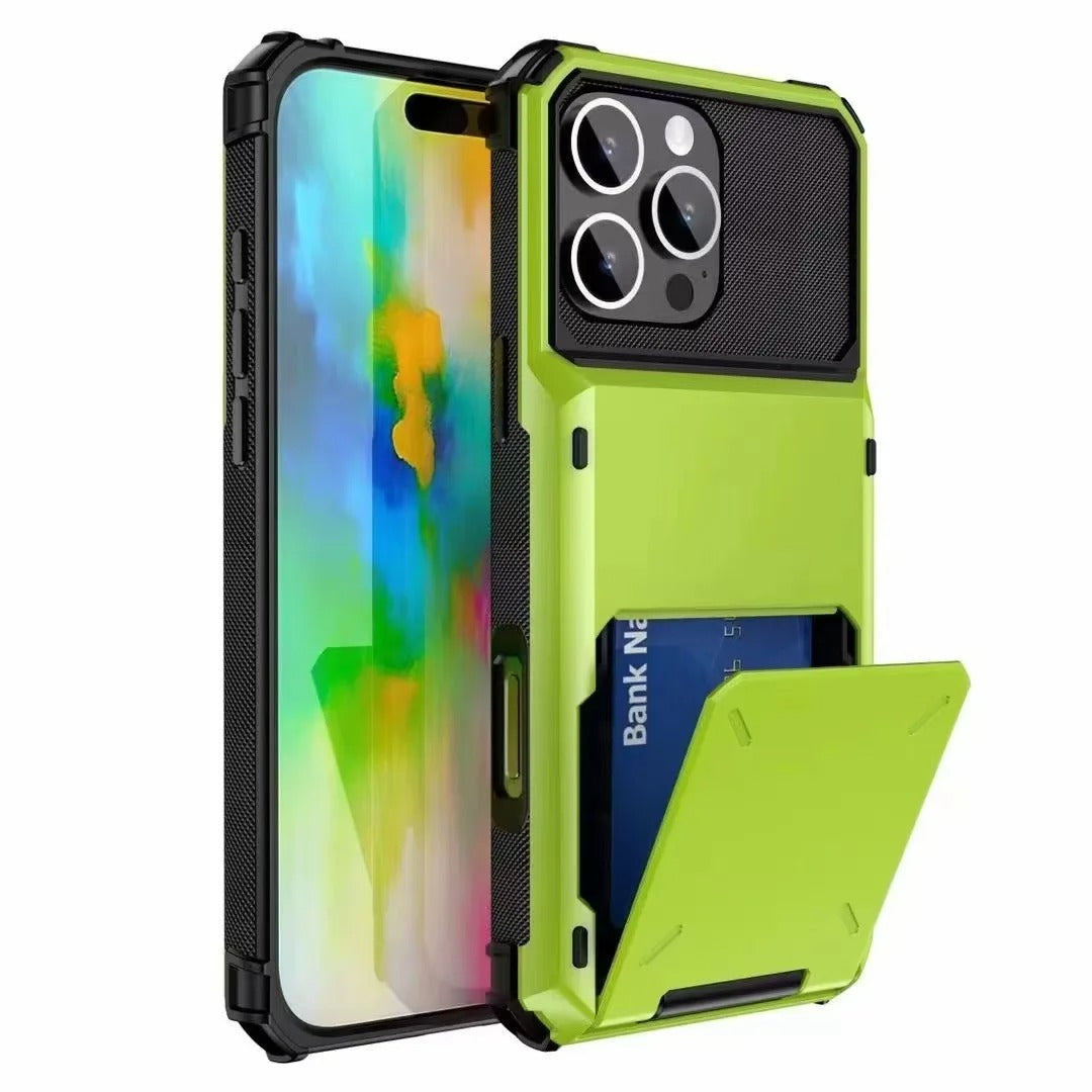 Luxury iPhone Wallet Case with 5-Card Slot — Hidden Flip Door Card Holder, Dual Layer Shockproof Armor, Raised Screen Lip, Scratch-Resistant Protective Cover