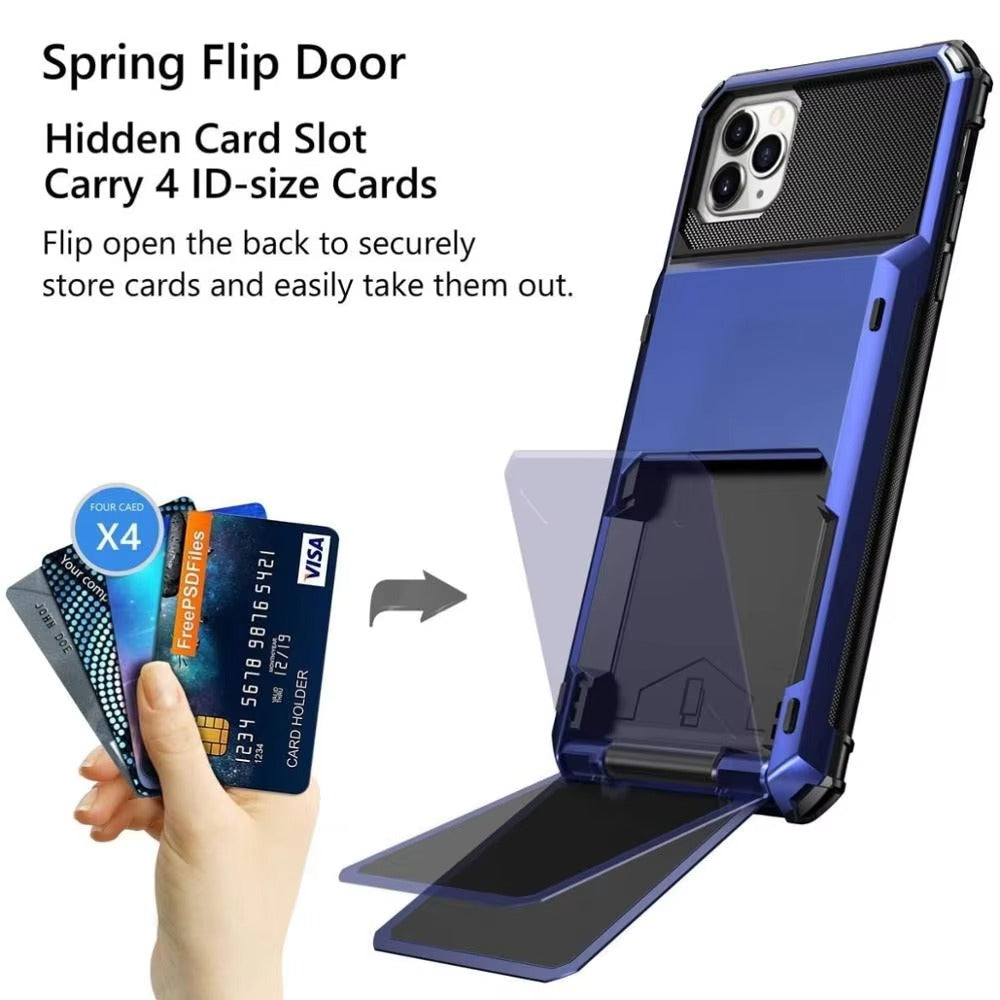 Luxury iPhone Wallet Case with 5-Card Slot — Hidden Flip Door Card Holder, Dual Layer Shockproof Armor, Raised Screen Lip, Scratch-Resistant Protective Cover