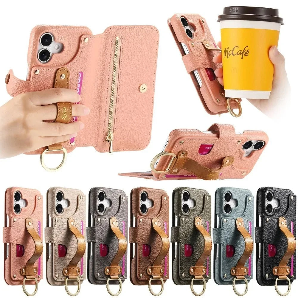Luxury iPhone Wallet Case with Card Slot Holder — PU Leather Cover, Wrist Strap Ring, Kickstand Function, Shockproof Anti-Fingerprint Dustproof Protection