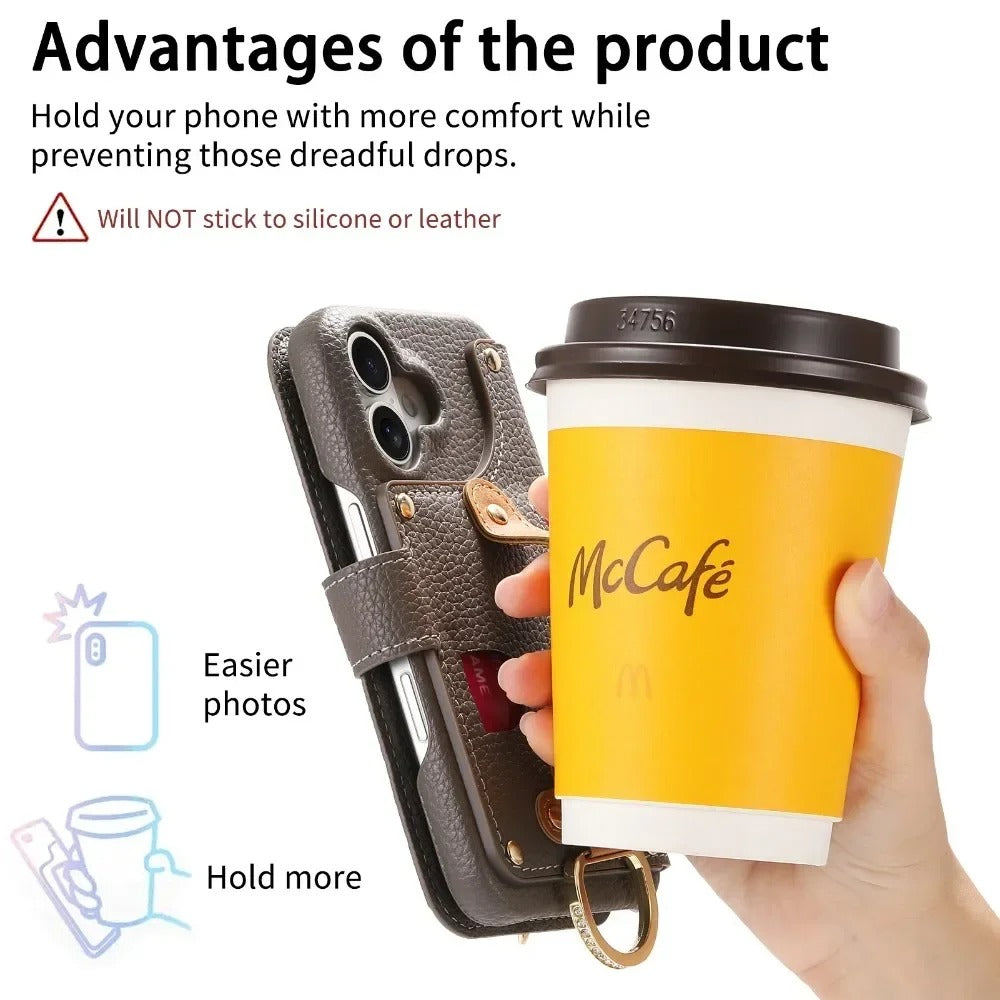 Luxury iPhone Wallet Case with Card Slot Holder — PU Leather Cover, Wrist Strap Ring, Kickstand Function, Shockproof Anti-Fingerprint Dustproof Protection