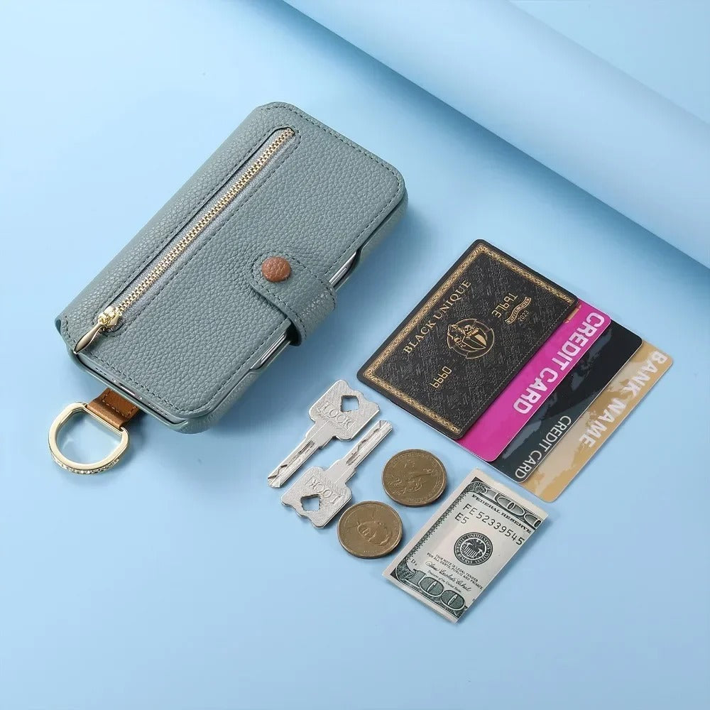 Luxury iPhone Wallet Case with Card Slot Holder — PU Leather Cover, Wrist Strap Ring, Kickstand Function, Shockproof Anti-Fingerprint Dustproof Protection