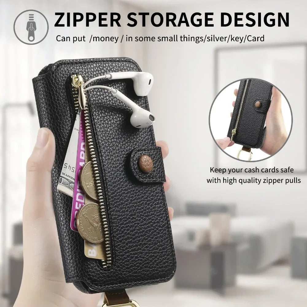 Luxury iPhone Wallet Case with Card Slot Holder — PU Leather Cover, Wrist Strap Ring, Kickstand Function, Shockproof Anti-Fingerprint Dustproof Protection