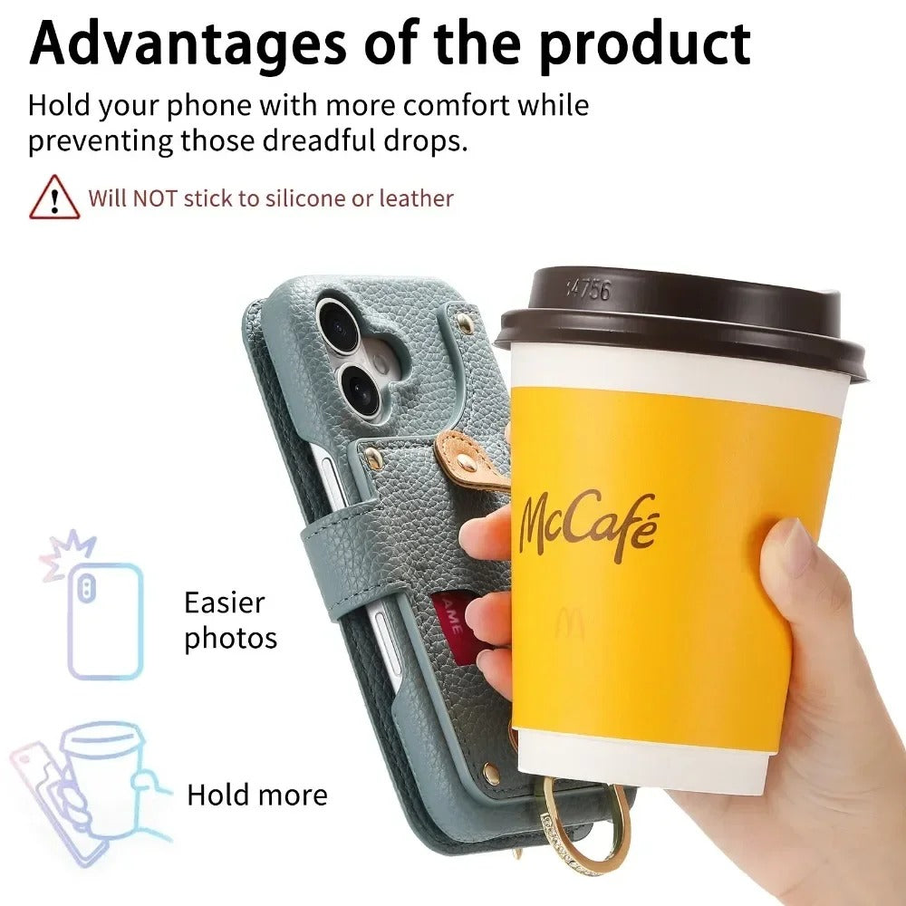 Luxury iPhone Wallet Case with Card Slot Holder — PU Leather Cover, Wrist Strap Ring, Kickstand Function, Shockproof Anti-Fingerprint Dustproof Protection