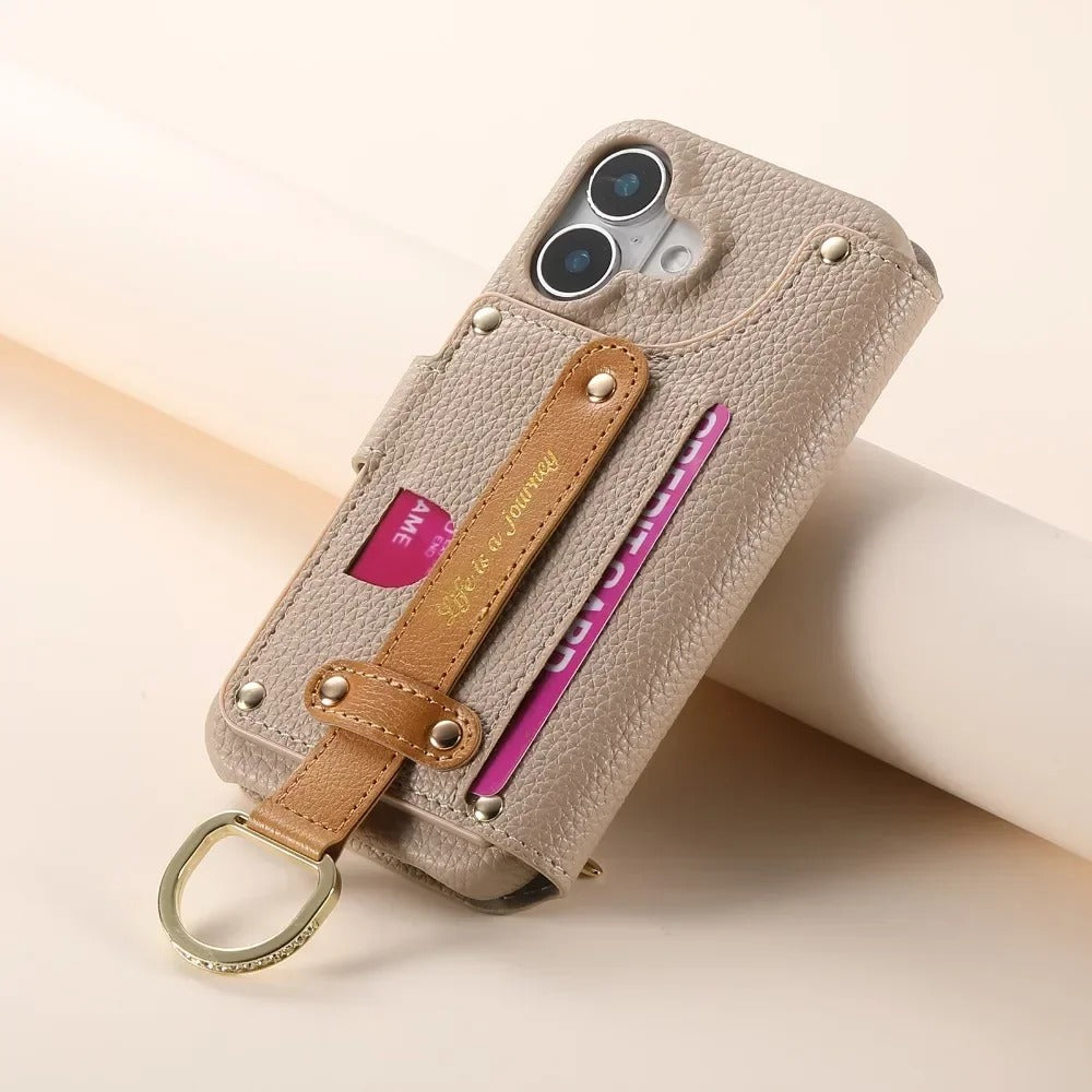 Luxury iPhone Wallet Case with Card Slot Holder — PU Leather Cover, Wrist Strap Ring, Kickstand Function, Shockproof Anti-Fingerprint Dustproof Protection