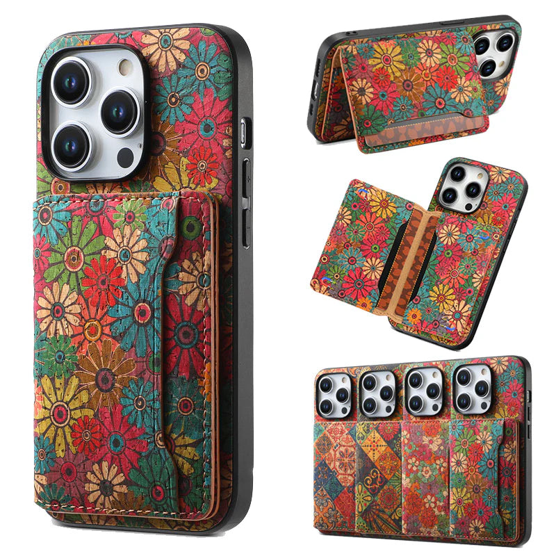 Luxury iPhone Wallet Case with Card Slots — Floral Pattern PU Leather Cover, Kickstand Function, Shockproof Non-Slip Design, Stylish Full Body Protection