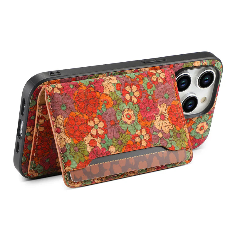 Luxury iPhone Wallet Case with Card Slots — Floral Pattern PU Leather Cover, Kickstand Function, Shockproof Non-Slip Design, Stylish Full Body Protection