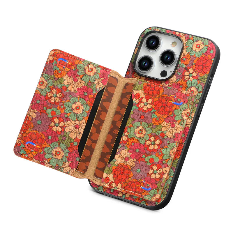 Luxury iPhone Wallet Case with Card Slots — Floral Pattern PU Leather Cover, Kickstand Function, Shockproof Non-Slip Design, Stylish Full Body Protection