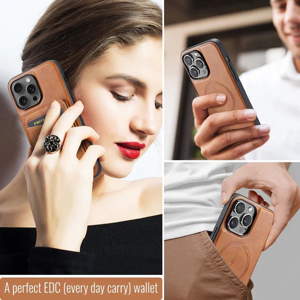 Luxury iPhone Wallet Case with MagSafe Wireless Charging — Magnetic Detachable Cover, Retro PU Leather Design, Card Slots with Photo Holder, Full Protection