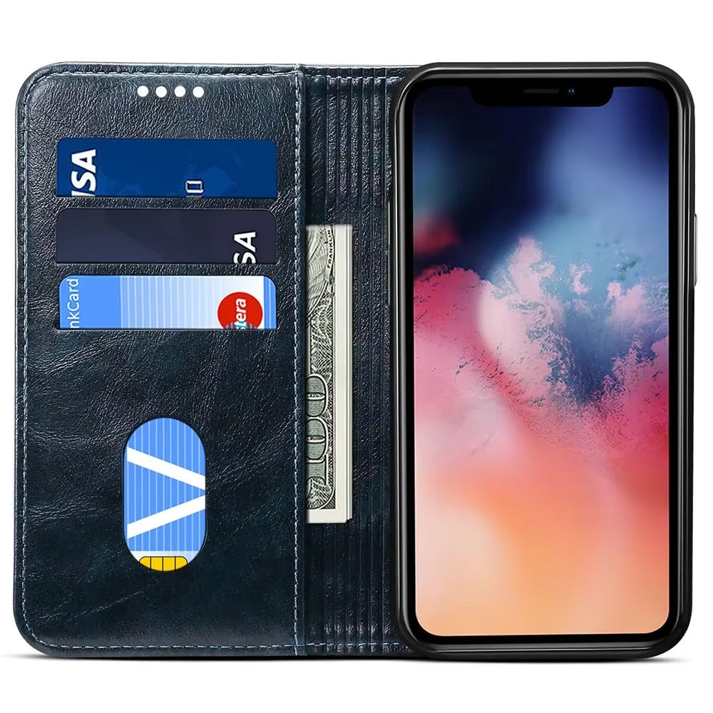 Luxury iPhone Wallet Flip Case Genuine Leather — Magnetic Book-Style Cover with Card Slots, Kickstand Function, Water-Resistant Full Body Protection