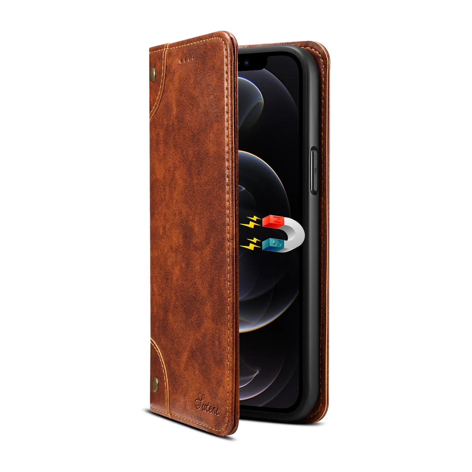 Luxury iPhone Wallet Flip Case Genuine Leather — Magnetic Book-Style Cover with Card Slots, Kickstand Function, Water-Resistant Full Body Protection