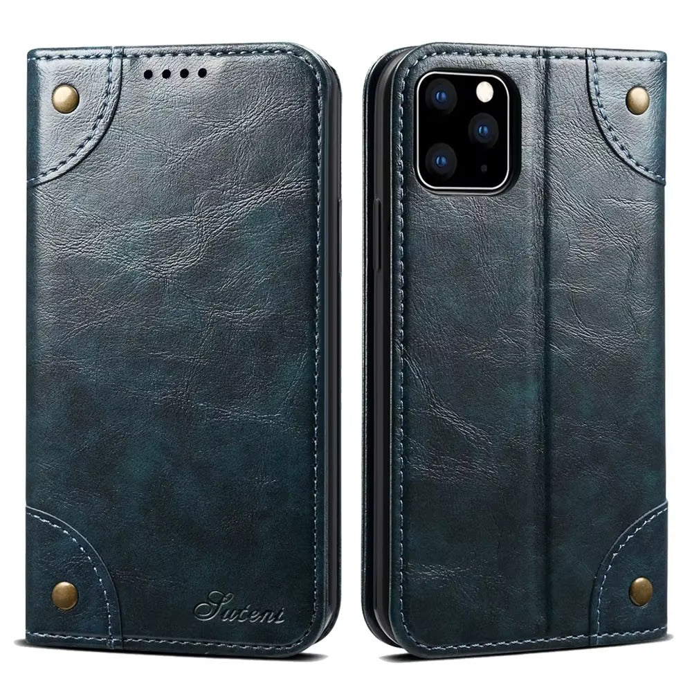 Luxury iPhone Wallet Flip Case Genuine Leather — Magnetic Book-Style Cover with Card Slots, Kickstand Function, Water-Resistant Full Body Protection