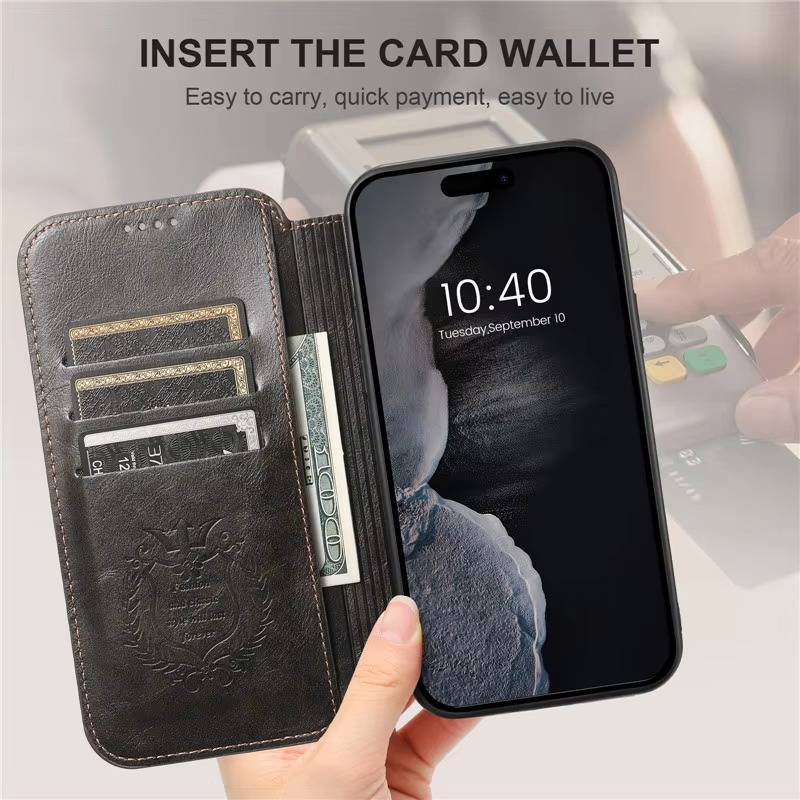 Luxury iPhone Wallet Flip Leather Case — Anti-Theft RFID Blocking Cover, Magnetic Wireless Charging Compatible, Book-Style Design with Kickstand Function