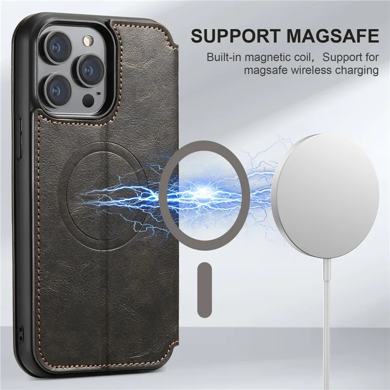 Luxury iPhone Wallet Flip Leather Case — Anti-Theft RFID Blocking Cover, Magnetic Wireless Charging Compatible, Book-Style Design with Kickstand Function