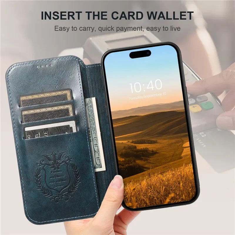 Luxury iPhone Wallet Flip Leather Case — Anti-Theft RFID Blocking Cover, Magnetic Wireless Charging Compatible, Book-Style Design with Kickstand Function