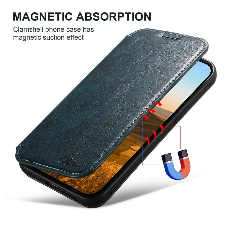 Luxury iPhone Wallet Flip Leather Case — Anti-Theft RFID Blocking Cover, Magnetic Wireless Charging Compatible, Book-Style Design with Kickstand Function