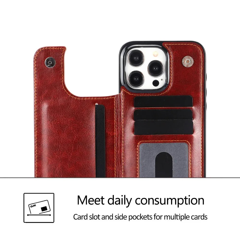 Luxury iPhone Wallet Flip Leather Case — Double Button Card Slot Holder, Stand Function, Full Coverage Shockproof Protection, Non-Slip Durable Design