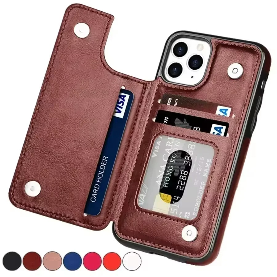 Luxury iPhone Wallet Flip Leather Case — Double Button Card Slot Holder, Stand Function, Full Coverage Shockproof Protection, Non-Slip Durable Design