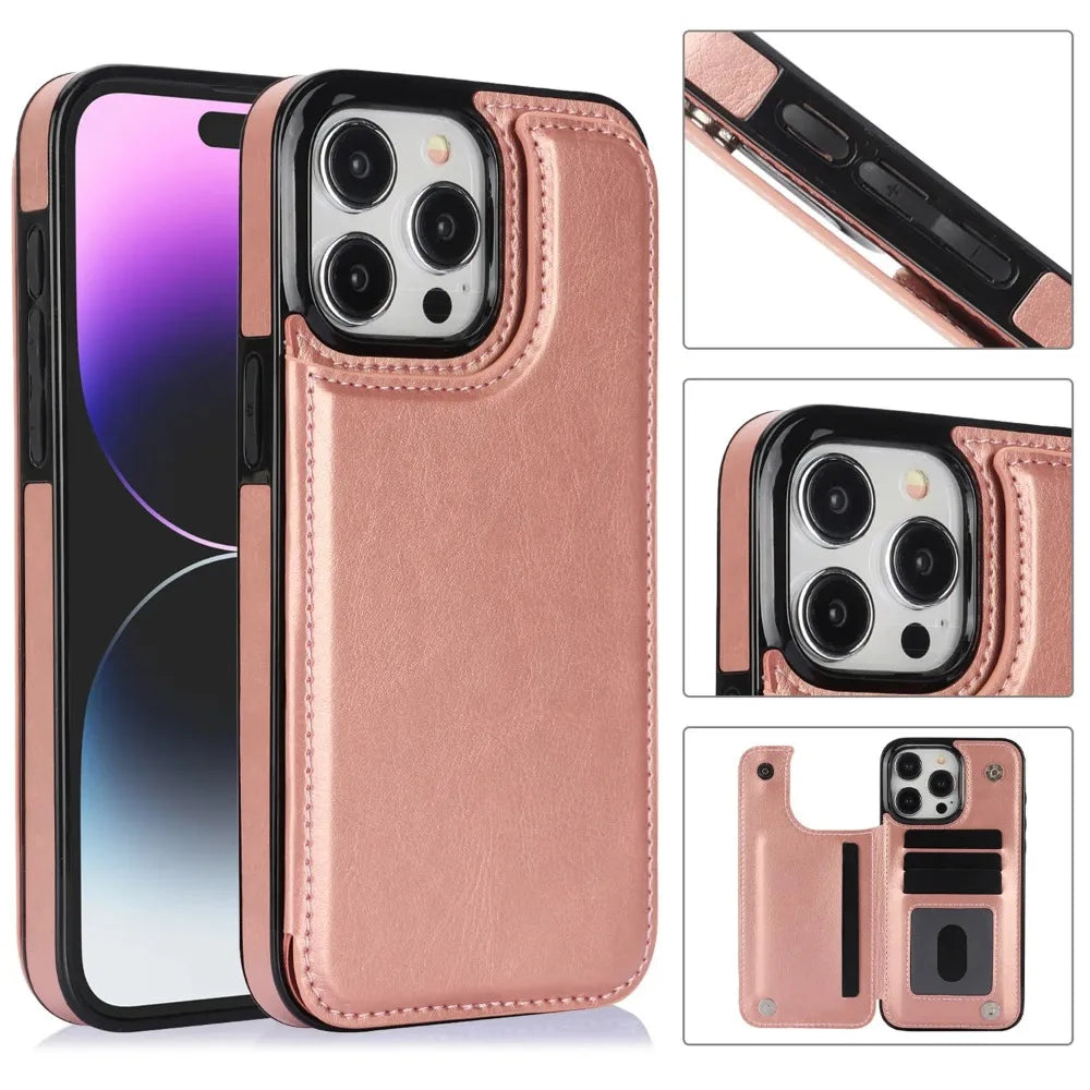 Luxury iPhone Wallet Flip Leather Case — Double Button Card Slot Holder, Stand Function, Full Coverage Shockproof Protection, Non-Slip Durable Design