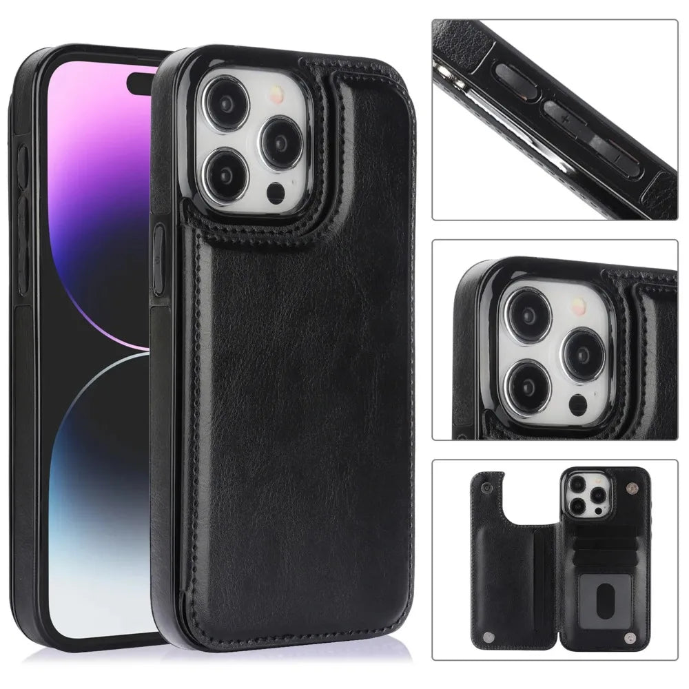 Luxury iPhone Wallet Flip Leather Case — Double Button Card Slot Holder, Stand Function, Full Coverage Shockproof Protection, Non-Slip Durable Design
