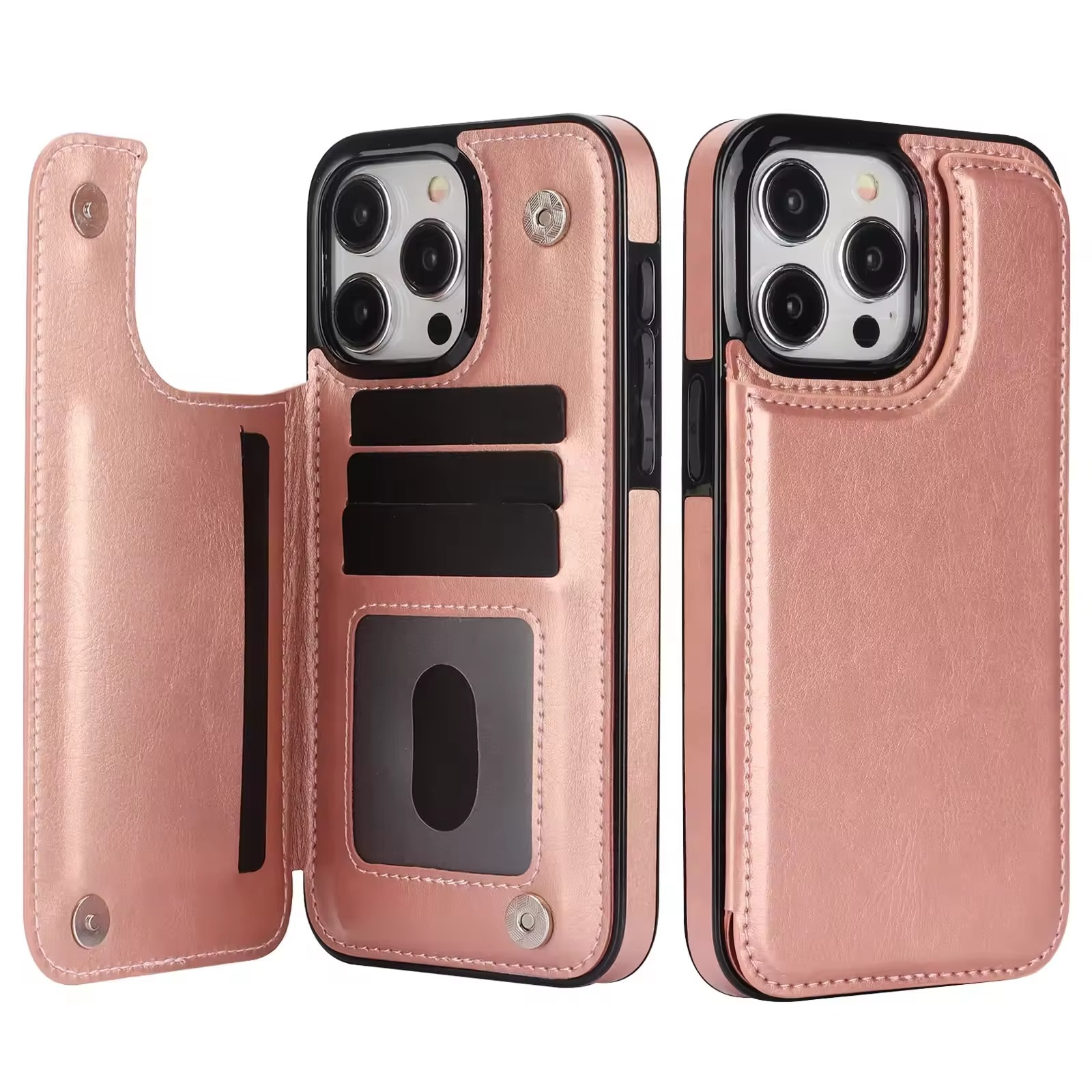 Luxury iPhone Wallet Flip Leather Case — Double Button Card Slot Holder, Stand Function, Full Coverage Shockproof Protection, Non-Slip Durable Design