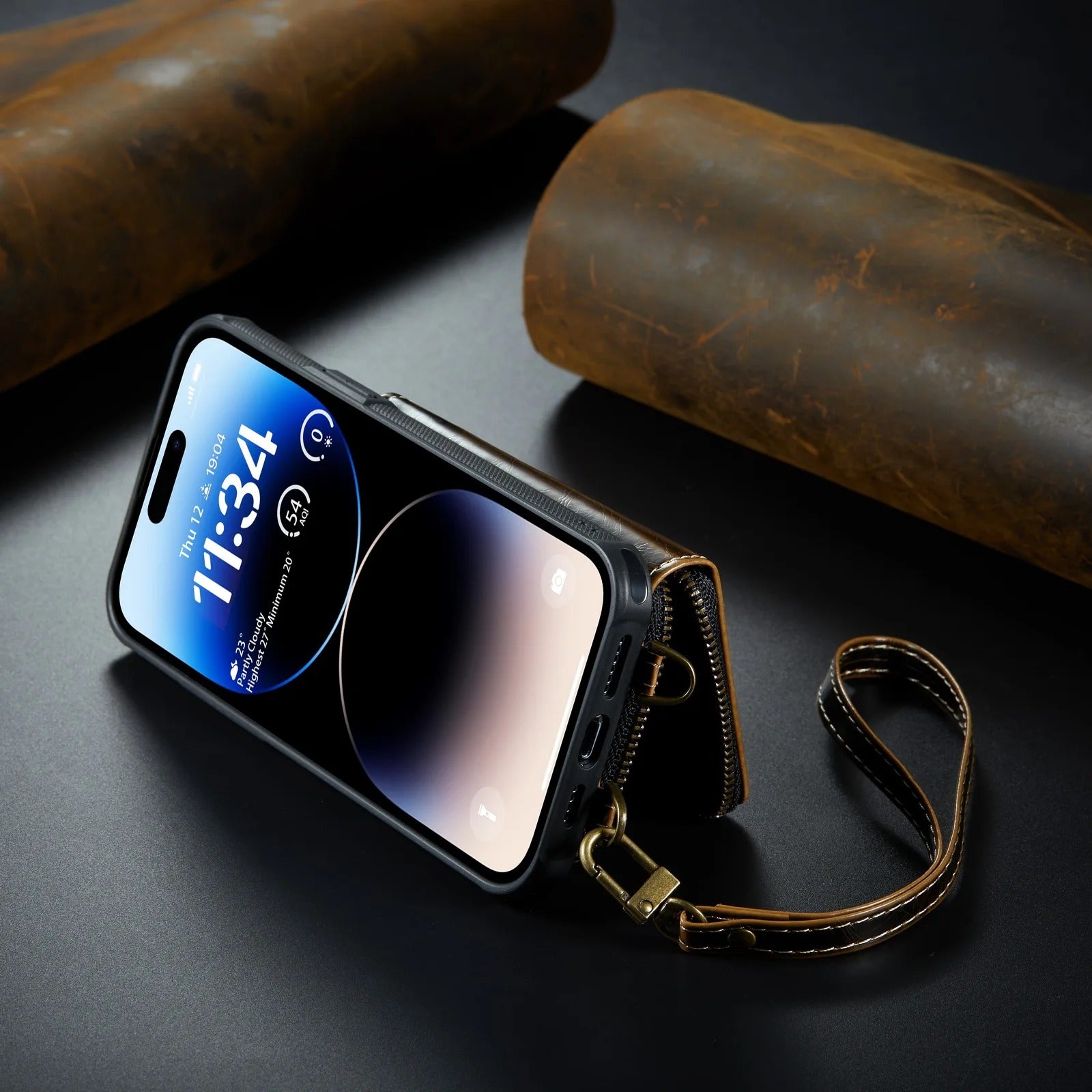 Luxury iPhone Zipper Wallet Case PU Leather Cover — Card Holder Slots, Stand Function, Hand Strap, Shockproof Drop Protection, Anti-Fingerprint Matte Finish