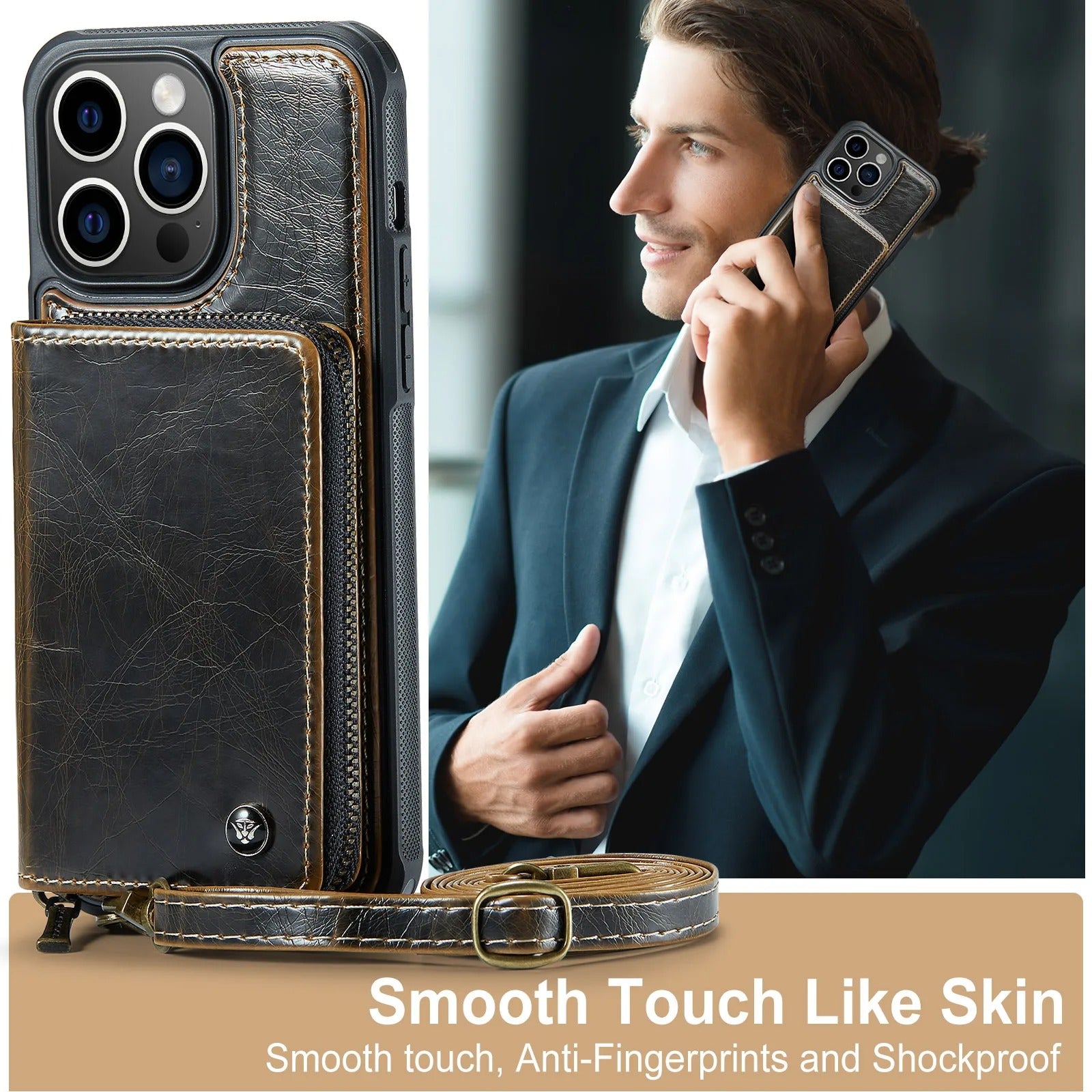 Luxury iPhone Zipper Wallet Case PU Leather Cover — Card Holder Slots, Stand Function, Hand Strap, Shockproof Drop Protection, Anti-Fingerprint Matte Finish