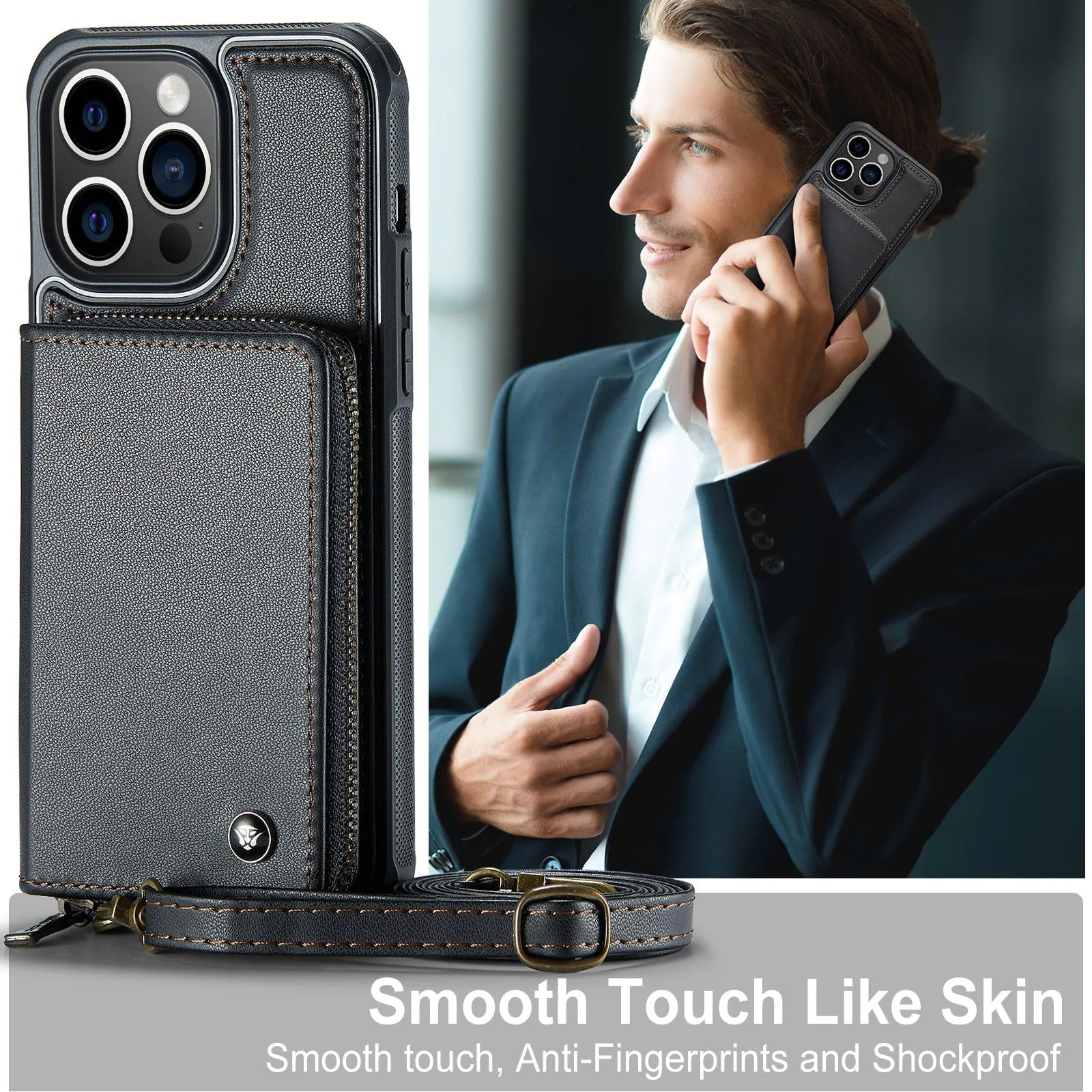 Luxury iPhone Zipper Wallet Case PU Leather Cover — Card Holder Slots, Stand Function, Hand Strap, Shockproof Drop Protection, Anti-Fingerprint Matte Finish