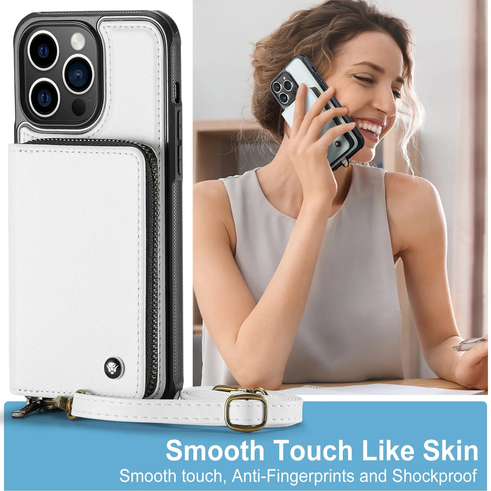 Luxury iPhone Zipper Wallet Case PU Leather Cover — Card Holder Slots, Stand Function, Hand Strap, Shockproof Drop Protection, Anti-Fingerprint Matte Finish