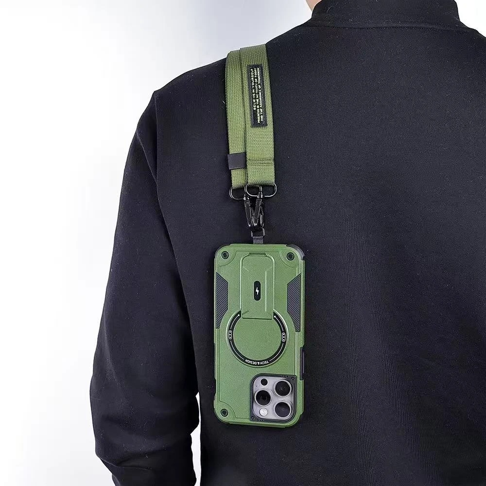 Military-Grade Magnetic Phone Case — Hidden Stand, Shockproof, Anti-Fingerprint, Anti-Scratch, Dual Layer Protection, Lanyard Wristband, Full Coverage