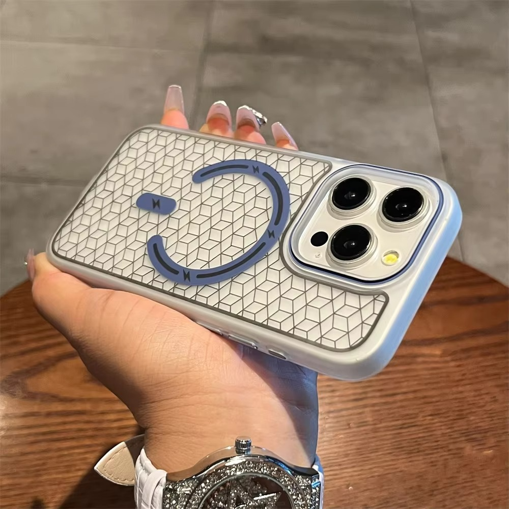 Luxury MagSafe Shockproof iPhone Case — High-Tech Geometric Hard PC Back, Anti-Fingerprint Matte Grip, Wireless Charging Compatible