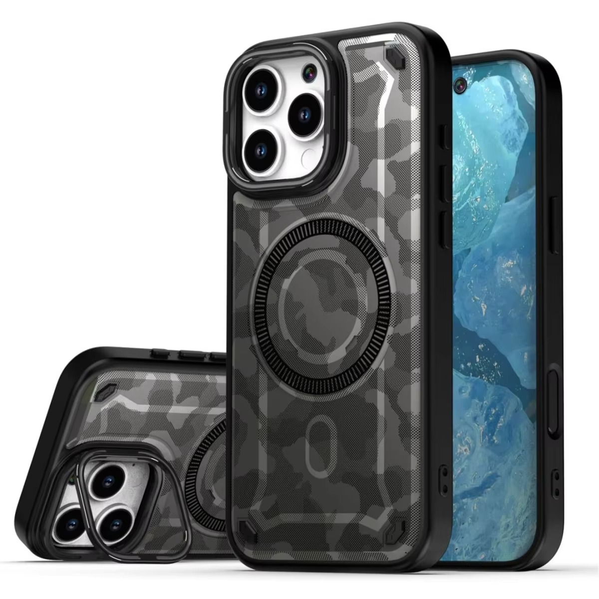 Premium MagSafe Magnetic iPhone Case — Camouflage Graffiti Armor Cover with Invisible Lens Holder, Kickstand, Anti-Fingerprint Matte Protection