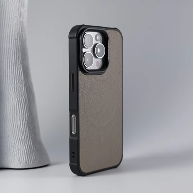 Premium MagSafe Magnetic iPhone Case — Metal Lens Kickstand, Leather Texture Grip, Shockproof Anti-Fingerprint Matte Protective Cover