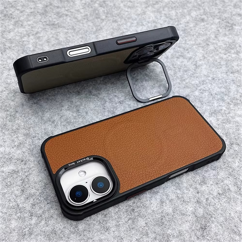 Premium MagSafe Magnetic iPhone Case — Metal Lens Kickstand, Leather Texture Grip, Shockproof Anti-Fingerprint Matte Protective Cover
