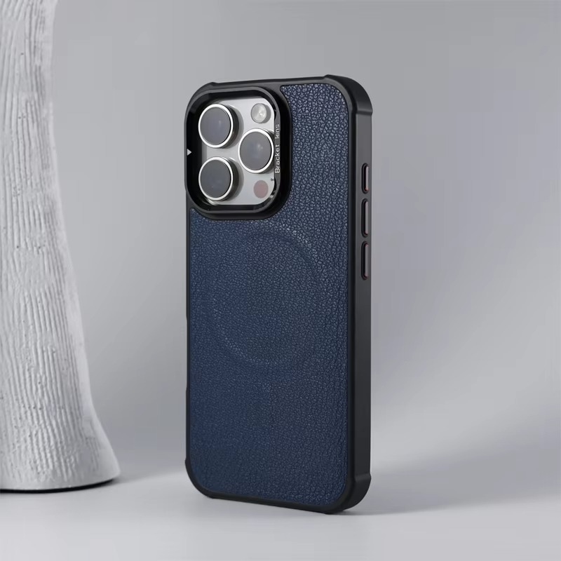 Premium MagSafe Magnetic iPhone Case — Metal Lens Kickstand, Leather Texture Grip, Shockproof Anti-Fingerprint Matte Protective Cover