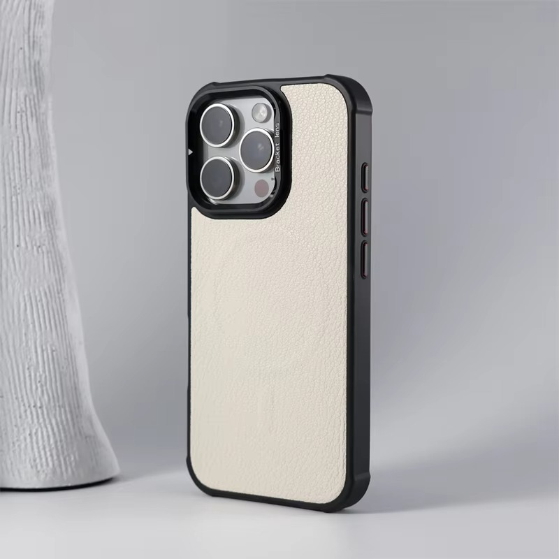 Premium MagSafe Magnetic iPhone Case — Metal Lens Kickstand, Leather Texture Grip, Shockproof Anti-Fingerprint Matte Protective Cover