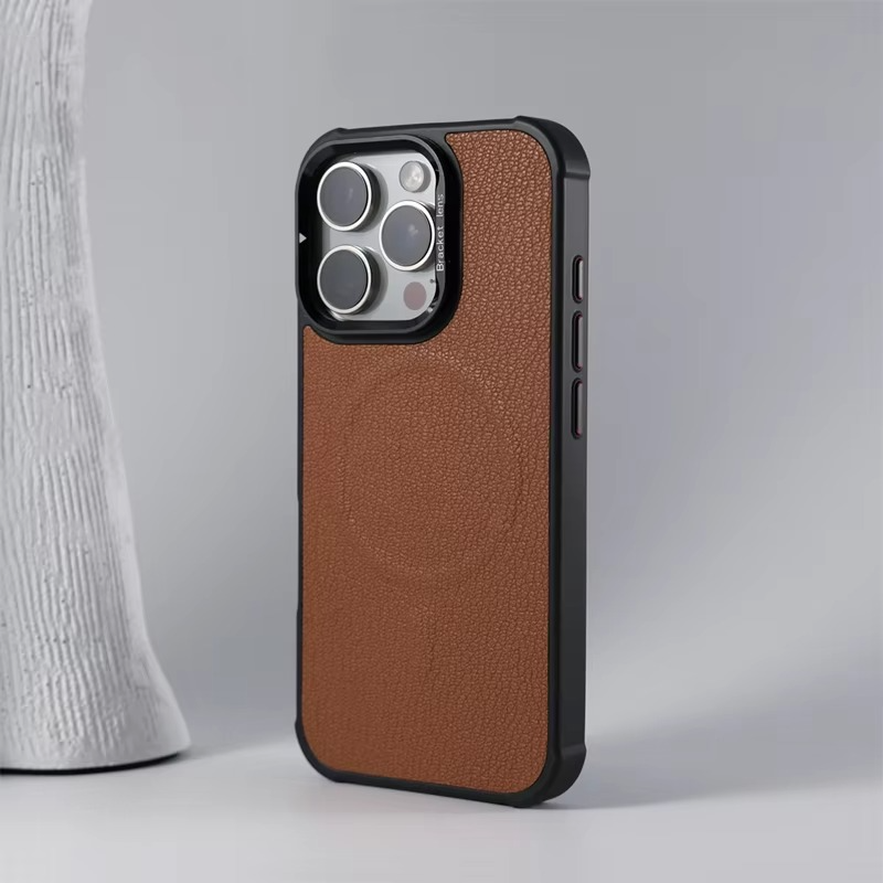 Premium MagSafe Magnetic iPhone Case — Metal Lens Kickstand, Leather Texture Grip, Shockproof Anti-Fingerprint Matte Protective Cover