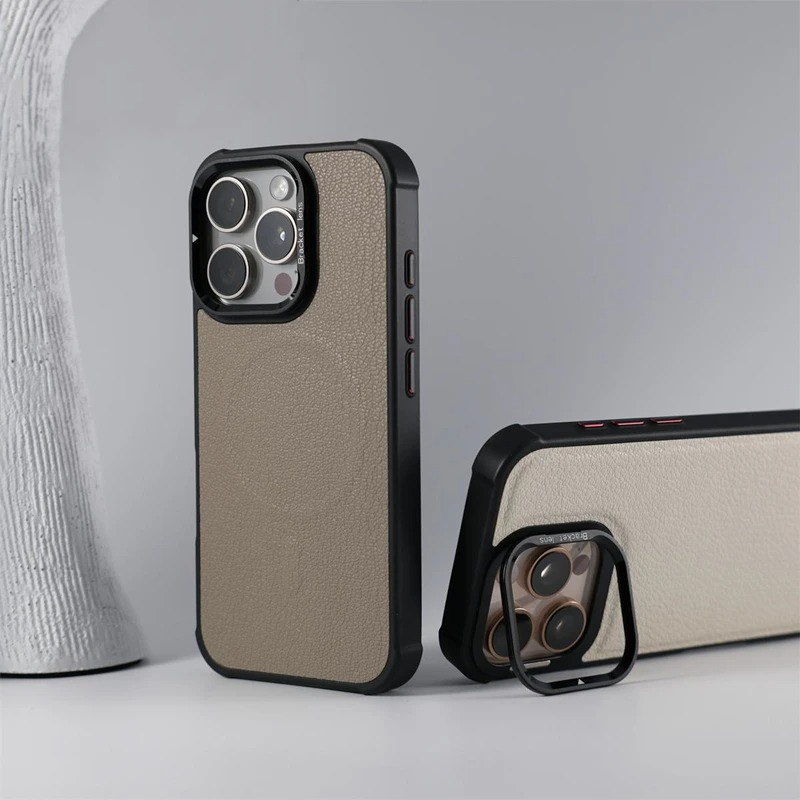 Premium MagSafe Magnetic iPhone Case — Metal Lens Kickstand, Leather Texture Grip, Shockproof Anti-Fingerprint Matte Protective Cover