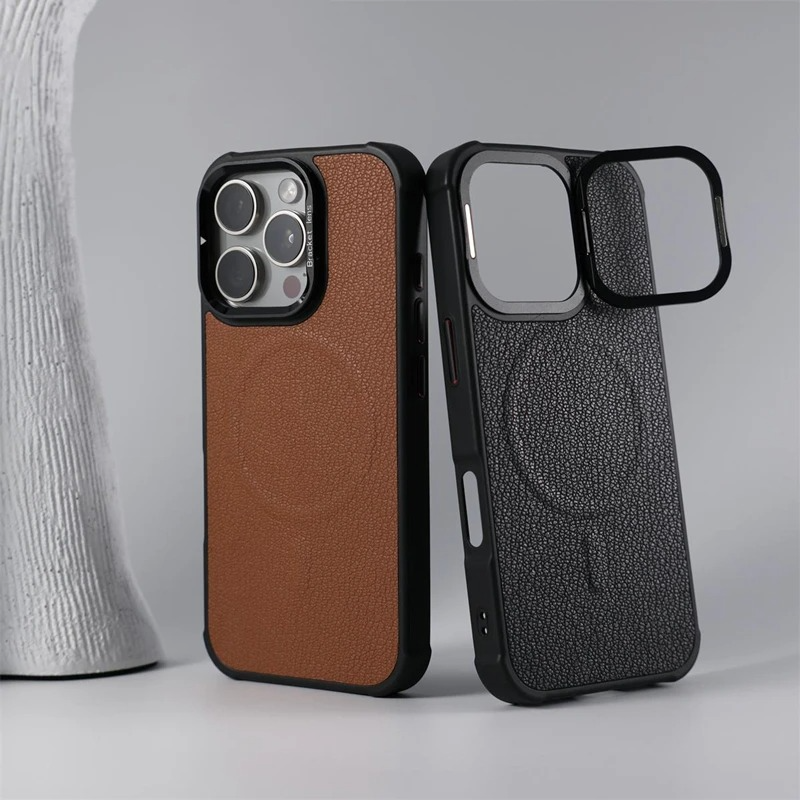 Premium MagSafe Magnetic iPhone Case — Metal Lens Kickstand, Leather Texture Grip, Shockproof Anti-Fingerprint Matte Protective Cover