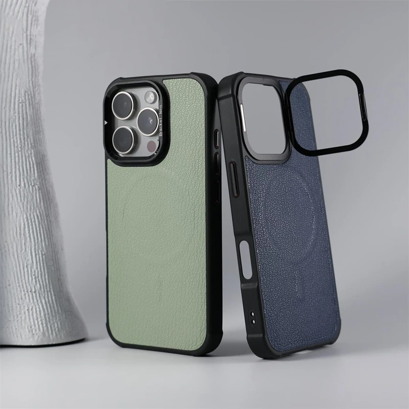 Premium MagSafe Magnetic iPhone Case — Metal Lens Kickstand, Leather Texture Grip, Shockproof Anti-Fingerprint Matte Protective Cover