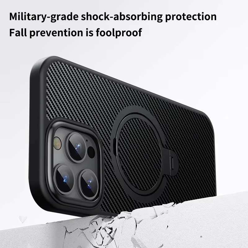 Premium MagSafe iPhone Case Magnetic Shockproof Carbon Fiber with Rotating Stand, Metal Camera Frame Button, Lightweight Rugged Cover