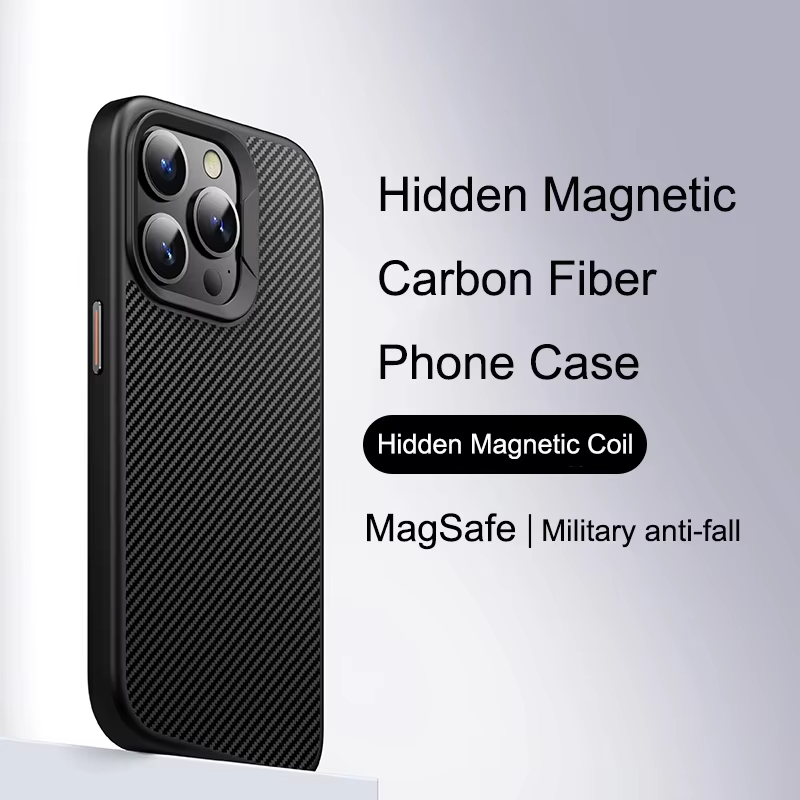 Premium MagSafe iPhone Case Magnetic Shockproof Carbon Fiber with Rotating Stand, Metal Camera Frame Button, Lightweight Rugged Cover